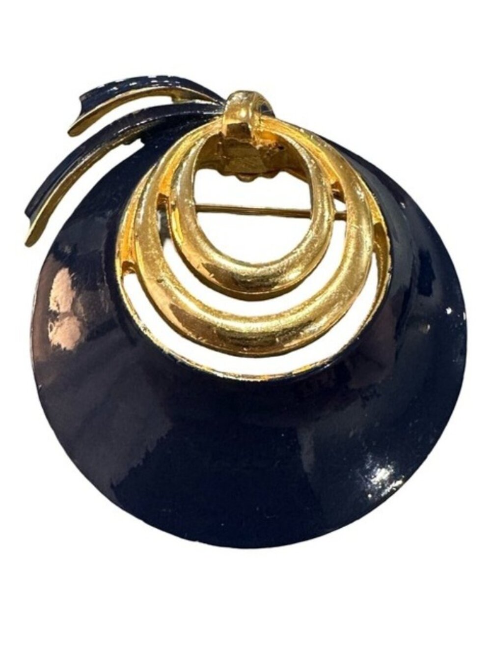 Vintage Brooch Gold Tone Navy Blue Enamel Circular Brooch Ribbon Accent Womens